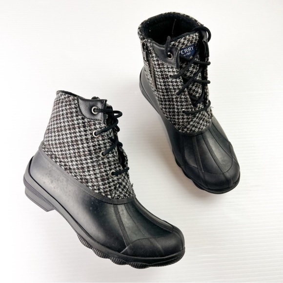 Sperry Boots womens 6 Syren Gulf Tailored Duck Rain Boots Plaid Black Grey - Picture 1 of 12